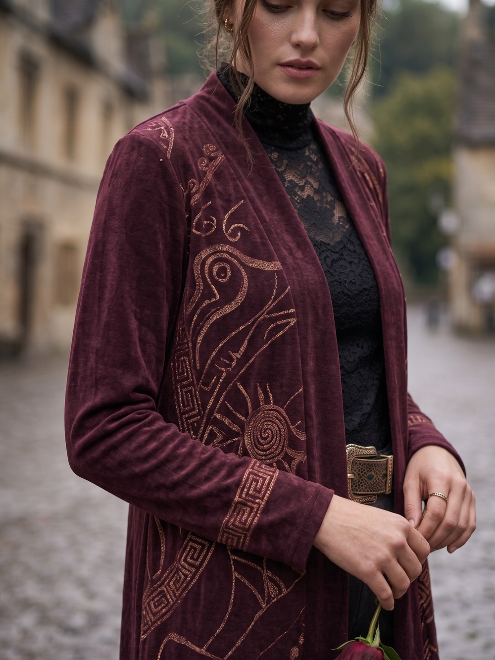 Vintage Whimsigoth Burgundy Plum Open Front Duster Unstructured Blazer